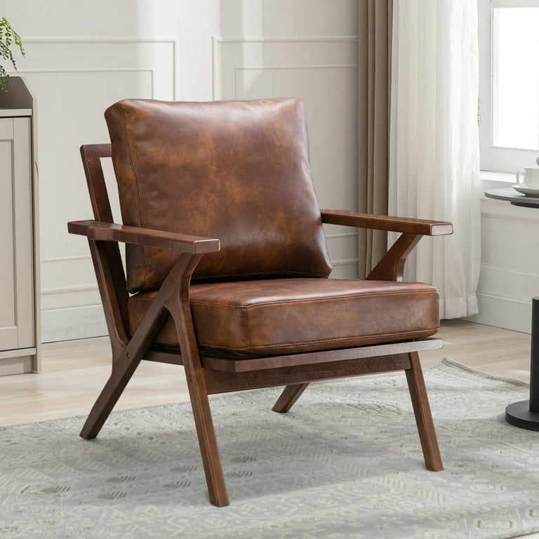 Accent Chair Brown Leather-Like Solid Wood Frame Mid-Century