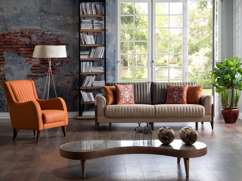 Accent Chair Burnt Orange Barrel Silhouette Vertical Channeling