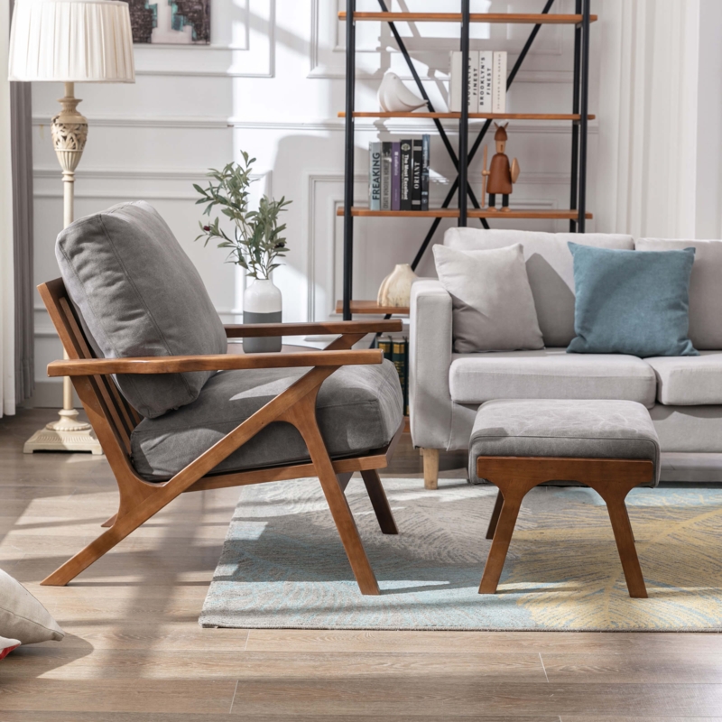 Accent Chair Button Tufted Back Denim Gray Upholstery Tapered Legs