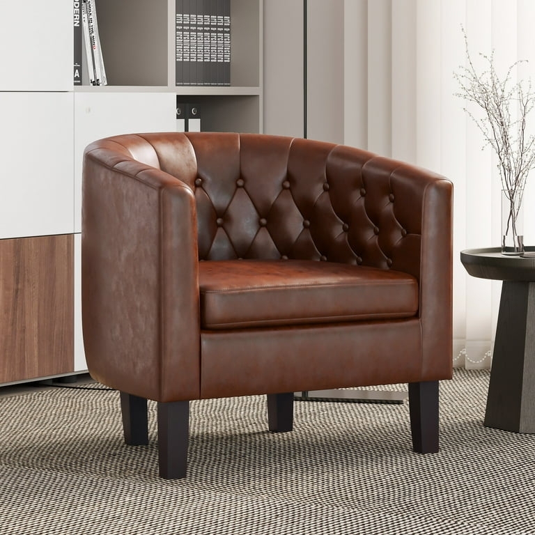Accent Chair Button Tufted Barrel Faux Leather Mid Century