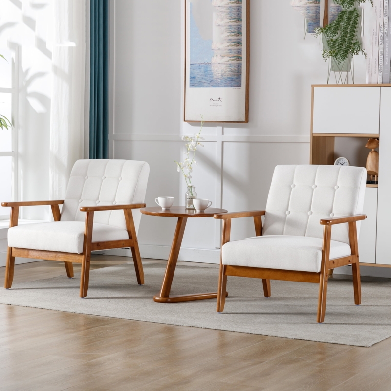 Accent Chair Button Tufted Cream Fabric, Light Wood Transitional Furniture
