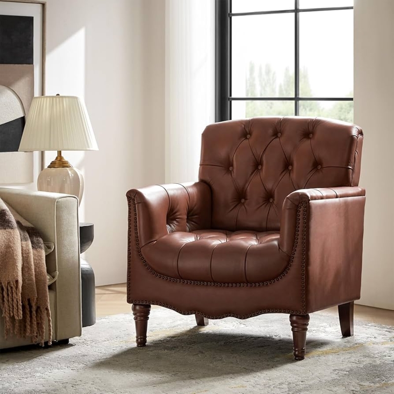 Accent Chair Button Tufted Leather Mid Century Modern Club Style