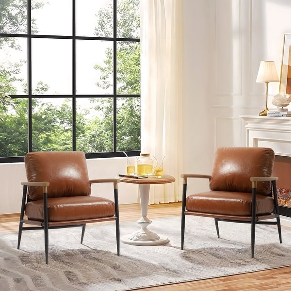 Accent Chair Button Tufted Padded Arms Leather Like Metal Frame