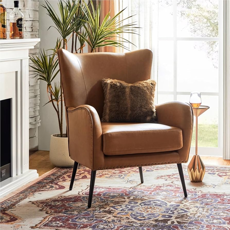 Accent Chair Camel Faux Leather Wingback Nailhead Trim