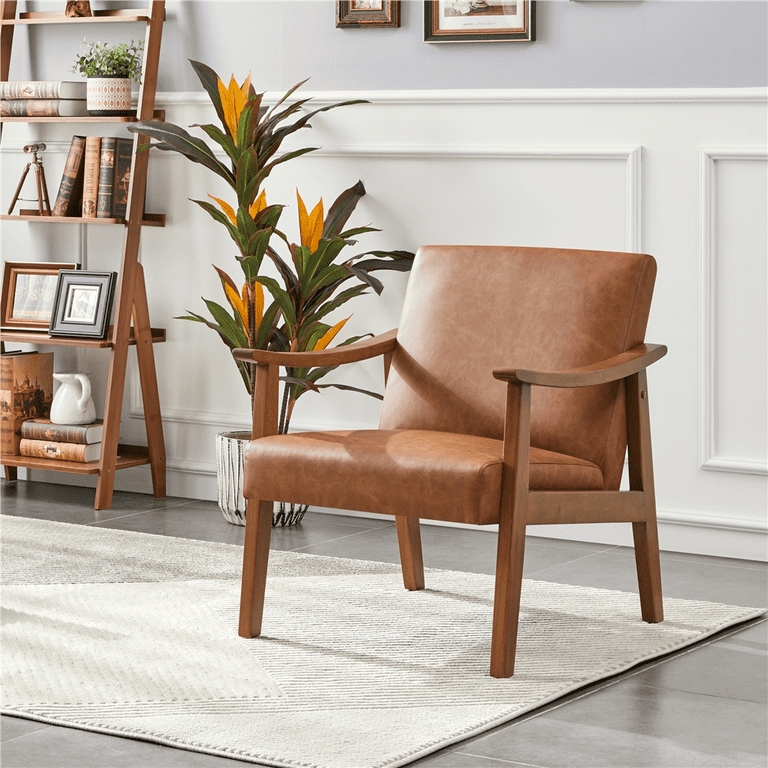 Accent Chair Camel Faux Leather Wood Frame Tapered Legs