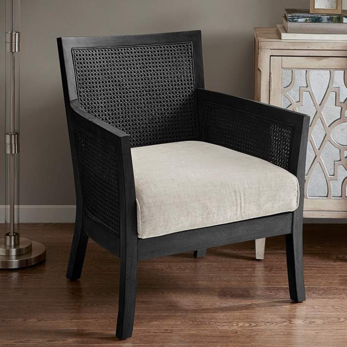 Accent Chair Cane Backrest Matte Black Frame Boho Modern