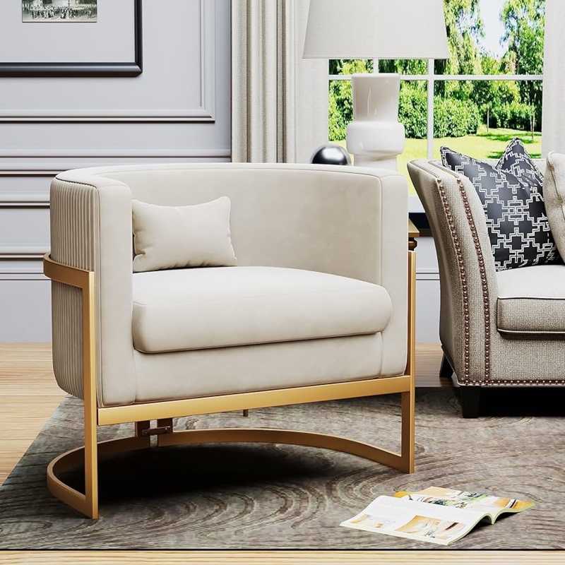 Accent Chair Channel Tufting Barrel Back Gold Legs Velvet Seating