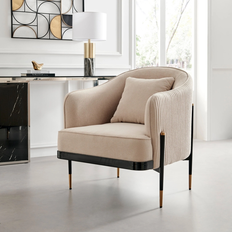 Accent Chair Channel Tufting Beige Fabric Gold Trim, Elegant Seating