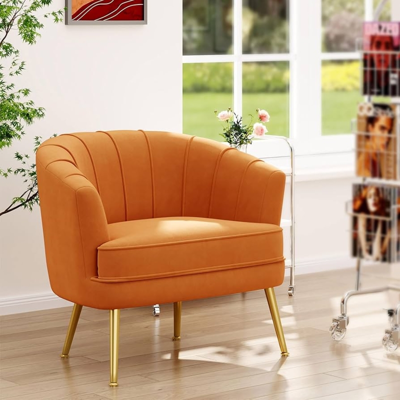 Accent Chair Channel Tufting Gold Tapered Legs Velvet Barrel Back Glam