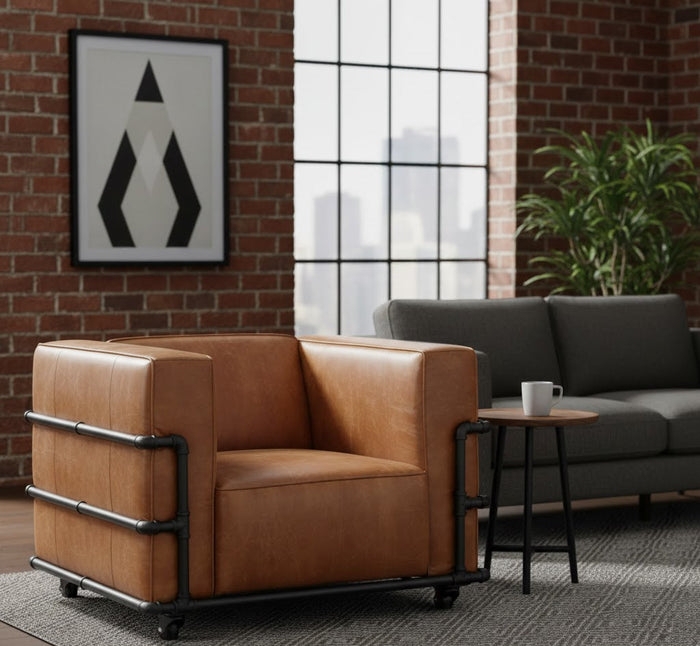 Accent Chair Channeled Stitching Sling Style Tubular Metal Industrial
