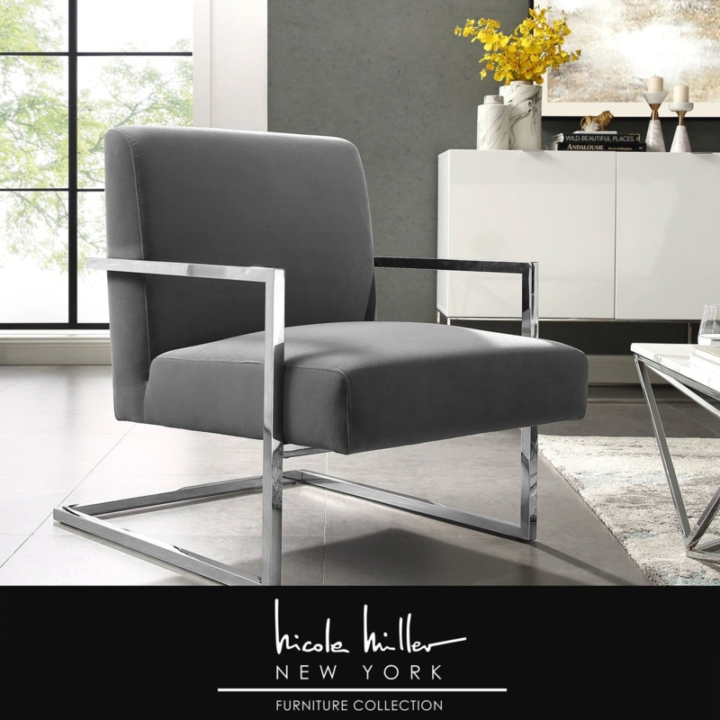 Accent Chair Charcoal Grey Velvet-Like Geometric Tufting Chrome Sled