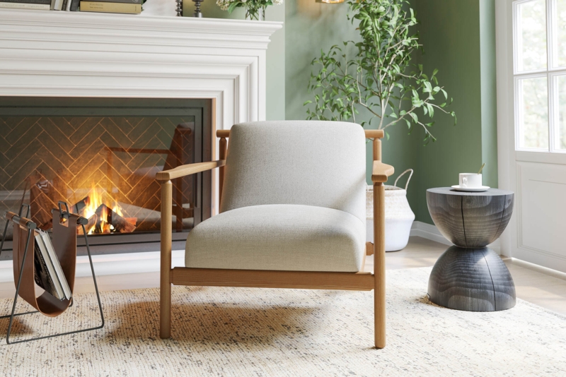 Accent Chair Charcoal Wood Frame Grey Woven Fabric Curved Arms