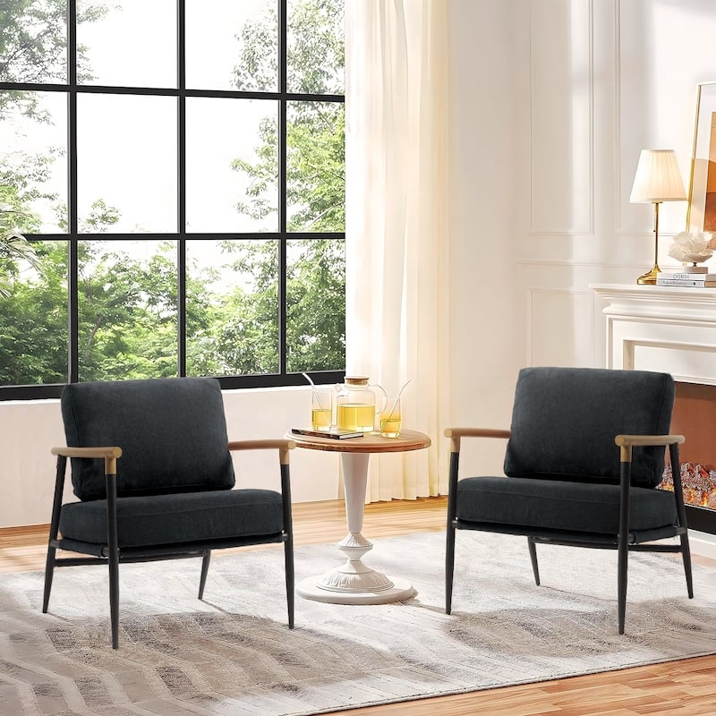 Accent Chair Chenille Texture Square Metal Frame Beige Padded Armrests