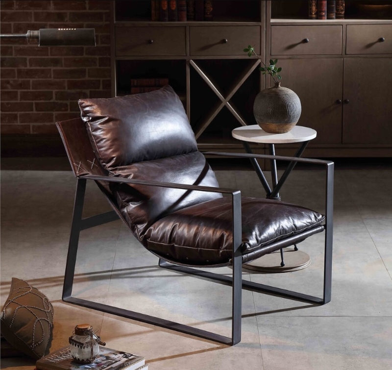 Accent Chair, Chocolate Leather-Like, Low Profile, Exposed Wood Frame