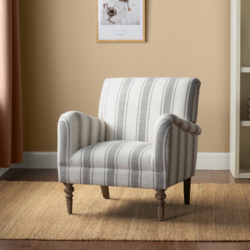 Accent Chair, Coastal Grey Striped Club Silhouette with Wood Legs