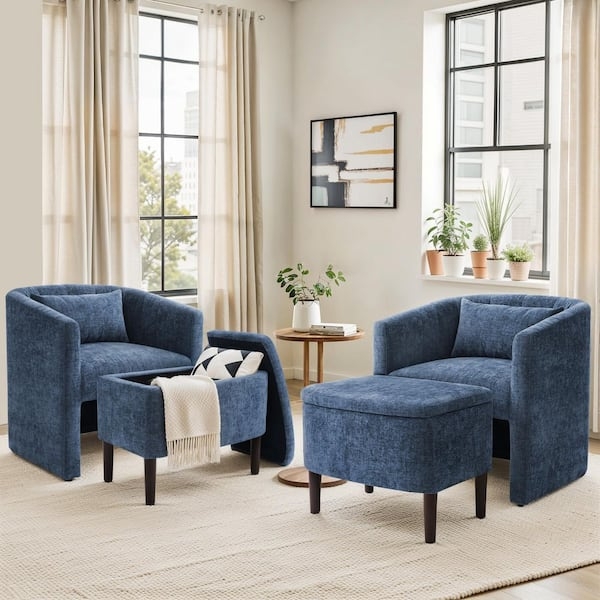 Accent Chair Cobalt Blue Button Tufted with Ottoman Mid-Century Set