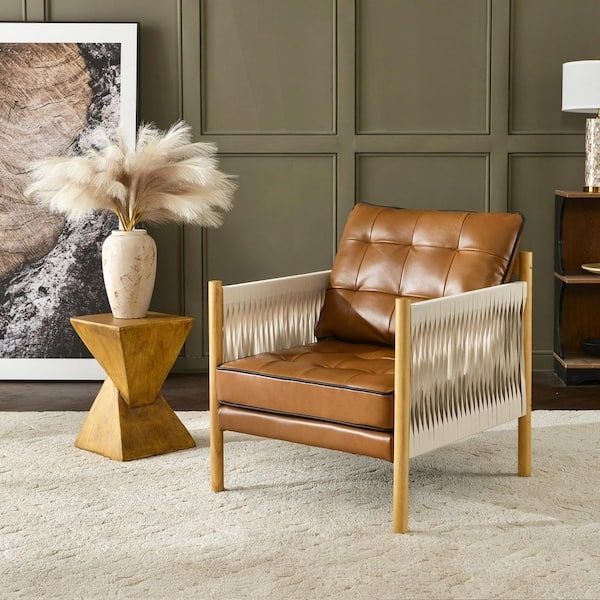 Accent Chair, Coffee Brown Leather-Like, Fabric Wrapped Arms, Metal Frame