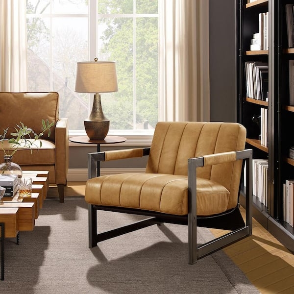 Accent Chair Cognac Black Sled Base Industrial Minimalist Lounge Seating