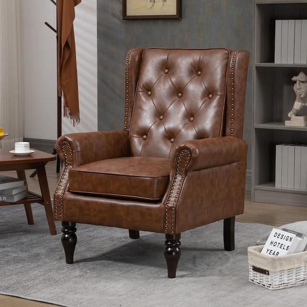 Accent Chair Cognac Brown Diamond Tufted Barrel Back Leather Like