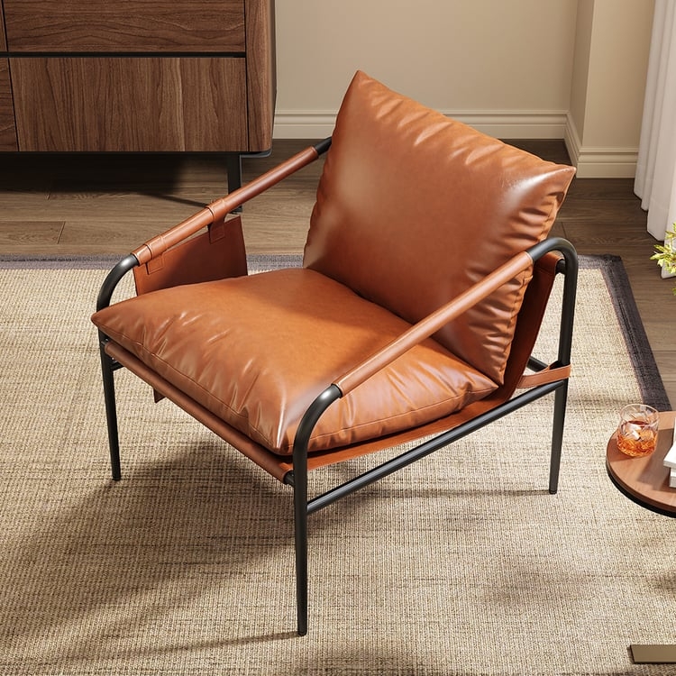 Accent Chair Cognac Brown Leather Like Gold Tipped Legs