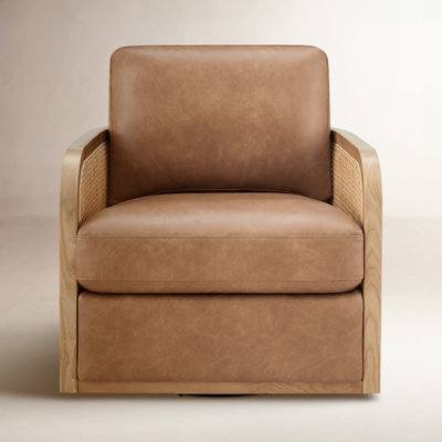 Accent Chair Cognac Faux Leather Woven Cane Back Swivel Base Bohemian