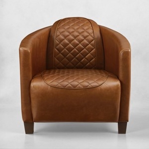 Accent Chair, Cognac Leather-Like, Quilted Upholstery, Mid-Century Metal