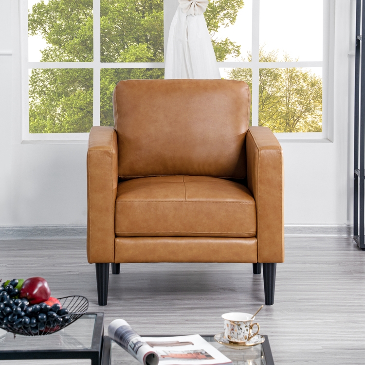Accent Chair, Cognac Leather-Like, Tapered Wood Legs, Curved Back