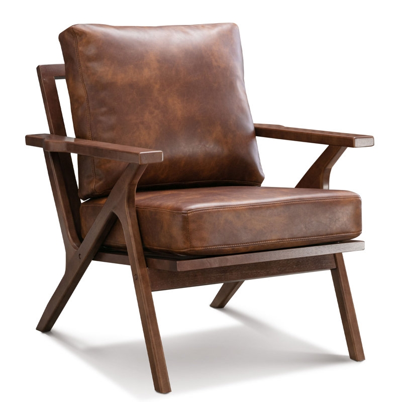 Accent Chair Cognac Leather-Like Vertical Channeling Angular Frame