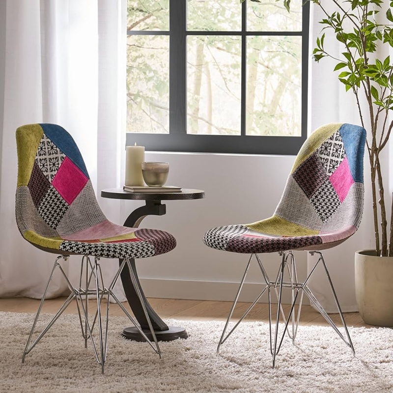 Accent Chair Colorful Patchwork Fabric Chrome Wire Base Molded Seat