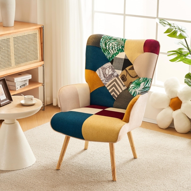 Accent Chair Colorful Patchwork High Back Splayed Legs Eclectic Style