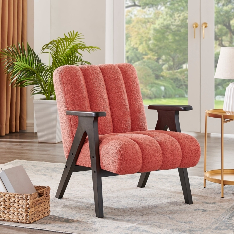 Accent Chair Coral Sherpa Upholstery Circular Seat Modern Seating