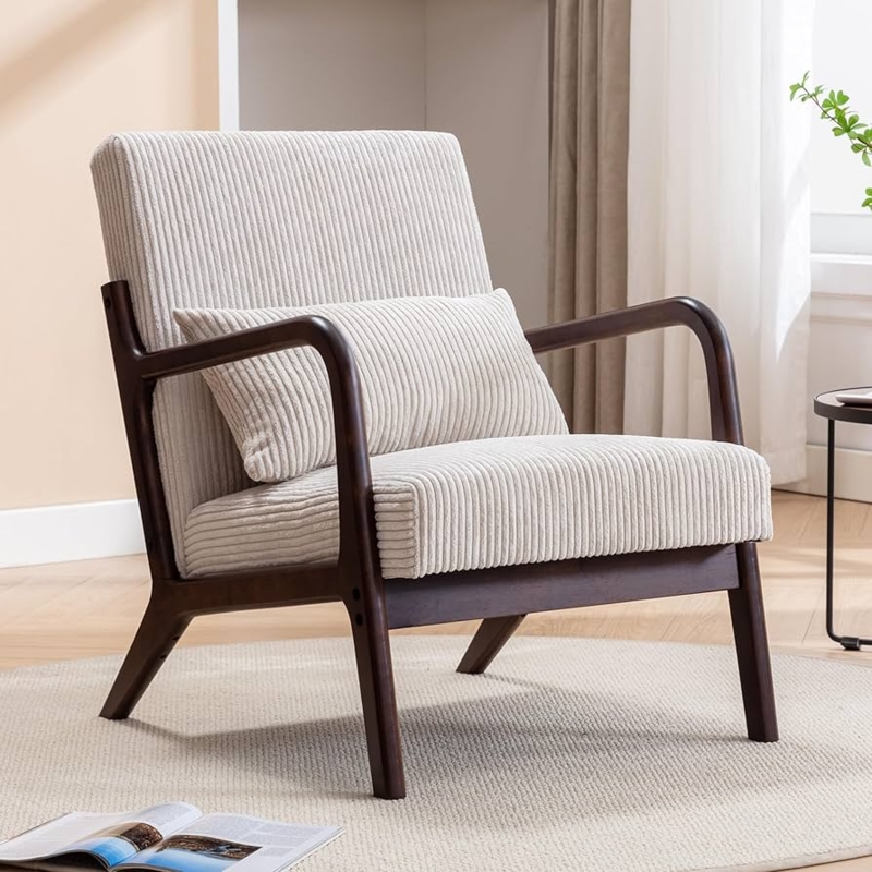 Accent Chair, Corduroy Fabric, Beige Upholstery, Tapered Wood Legs