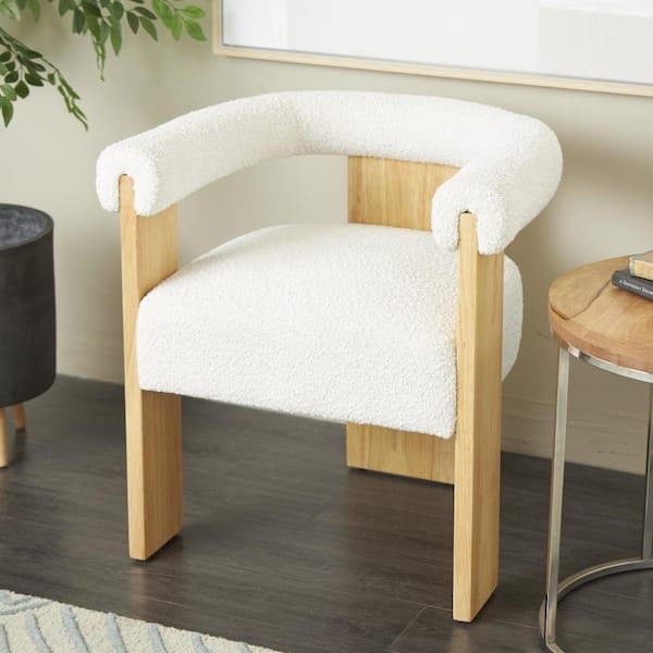 Accent Chair Cream Boucle Curved Back with Light Brown Wood Frame