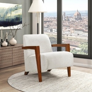 Accent Chair Cream Chenille Upholstery Architectural Wood Frame Armchair