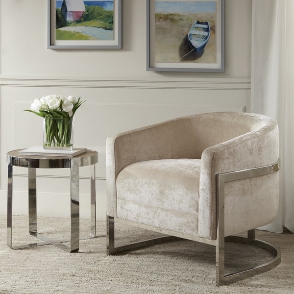 Accent Chair Cream Fabric Barrel Back Polished Metal X-Base