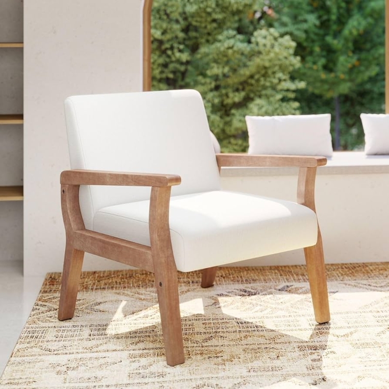 Accent Chair Cream Linen Like Fabric Scandinavian Wood Frame Armchair