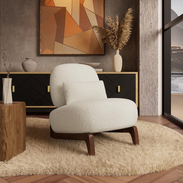 Accent Chair: Cream White Fleece Upholstery with Matching Waist Cushion