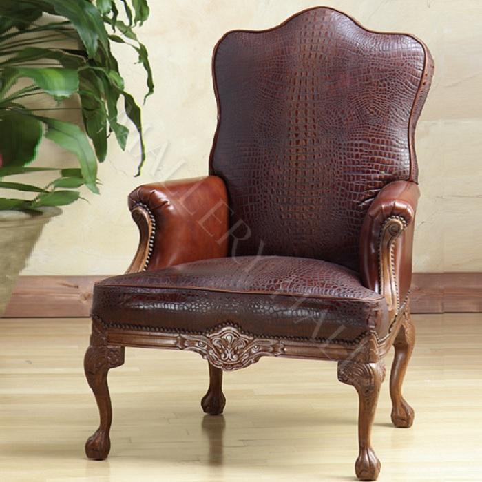 Accent Chair Croc Embossed Texture Dark Brown Wingback Silhouette
