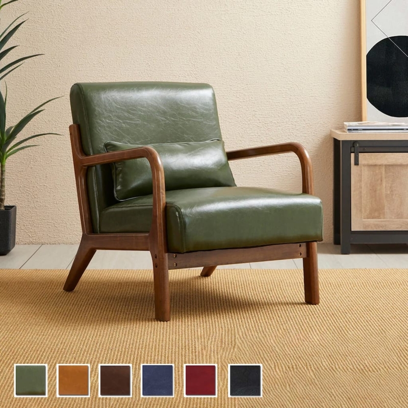 Accent Chair Curved Arms Lumbar Pillow Exposed Wood Frame Tan