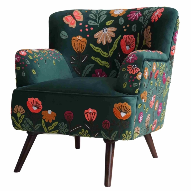 Accent Chair Curved Back Floral with Dark Wood Tapered Legs