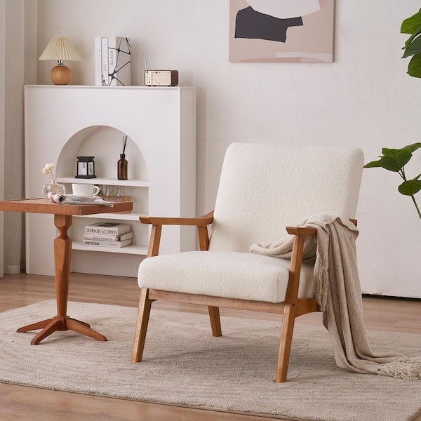 Accent Chair Curved Wood Armrests Boucle Texture, Scandinavian Style