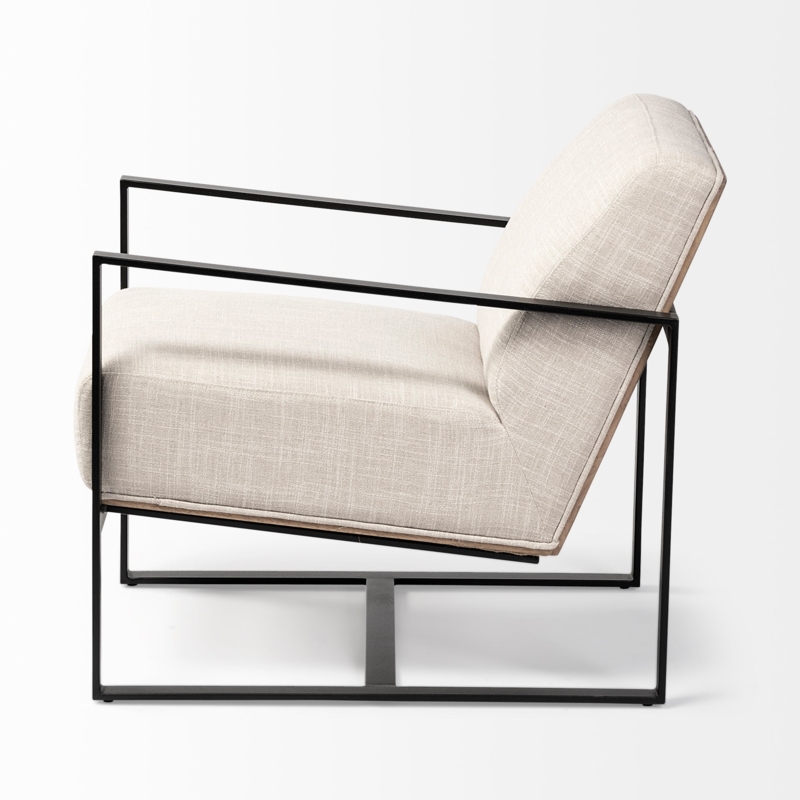Accent Chair Curved Wood Back Beige Seat Black Metal Legs