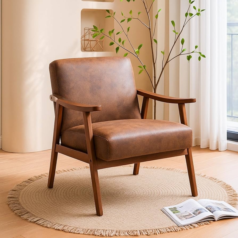 Accent Chair Curved Wood Frame Integrated Armrests Open Back