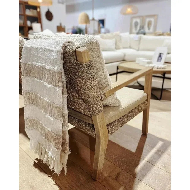 Accent Chair Curved Wood Frame Subtle Diamond Pattern Back Coastal