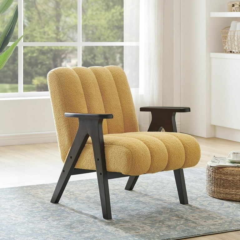 Accent Chair Curved Wooden Arms Boxy Cushions Boucle Espresso Frame