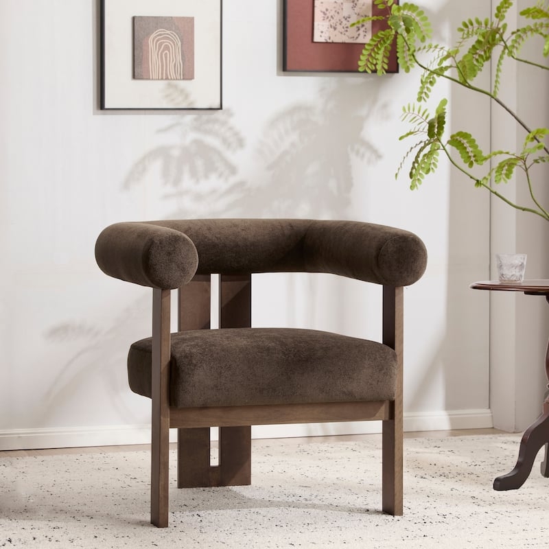 Accent Chair Dark Brown Velvet Texture Wood Wrap Frame Lounge