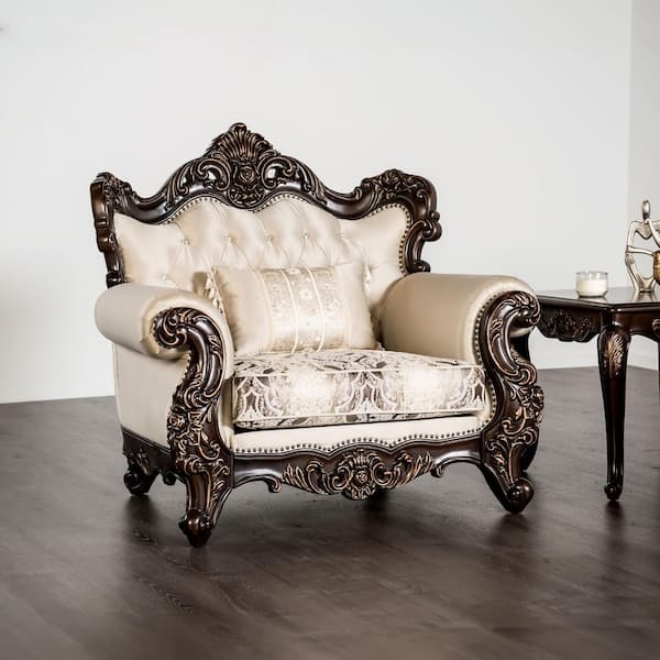 Accent Chair Dark Cherry Finish Beige Tufted Wingback Silhouette