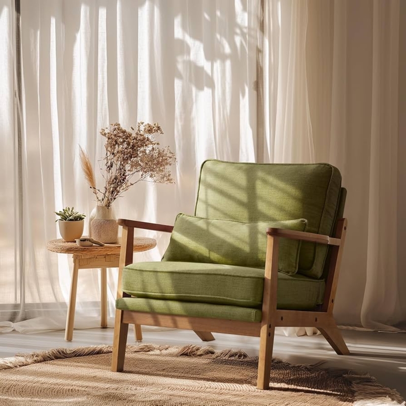 Accent Chair Dark Forest Green Wide Armrests Wood Frame Lounge Seating