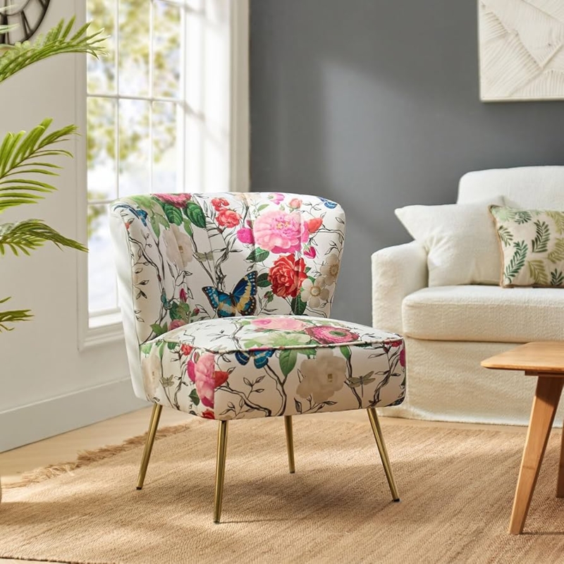 Accent Chair Dark Navy Botanical Armless with Gold Finish