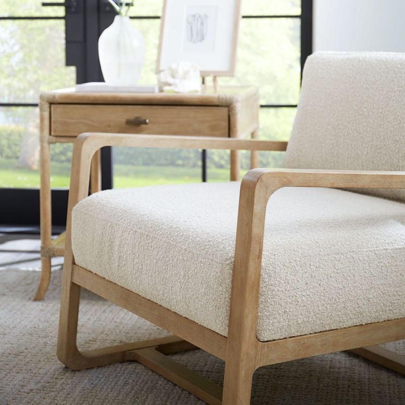 Accent Chair Dark Plinth Base Wrap Around Arms Boucle Organic